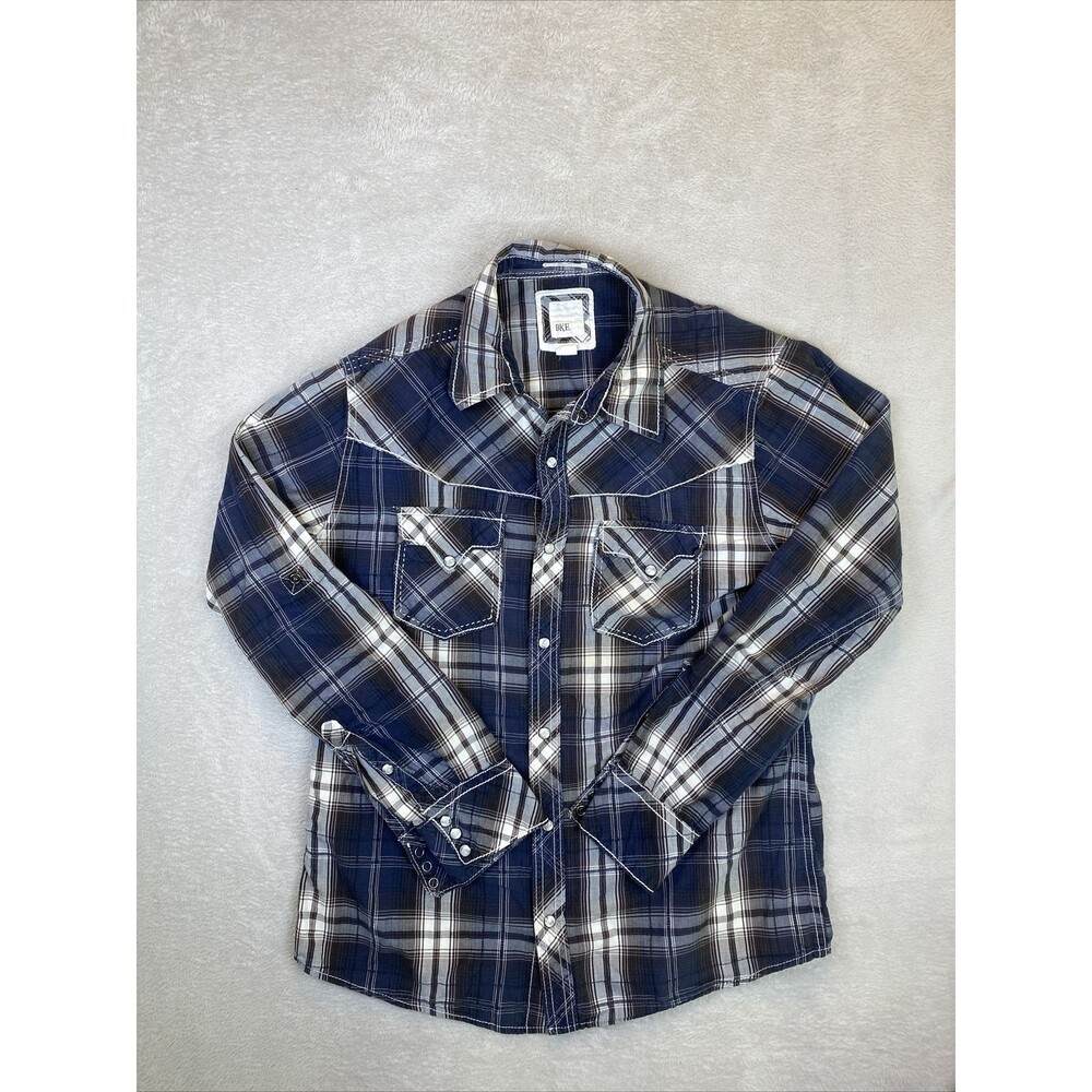 Bke Slim Fit Pearl Snap Shirt Men’s Medium Blue Black Plaid Western Cowboy